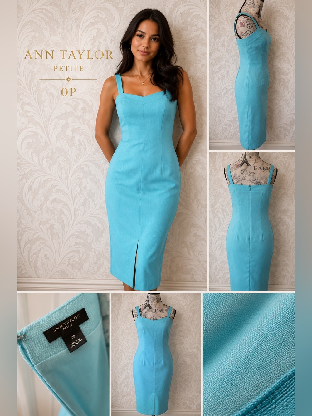 Ann Taylor Petite 0P Aqua Blue Sheath Dress | Lined Career Cocktail Midi - Picture 2 of 16